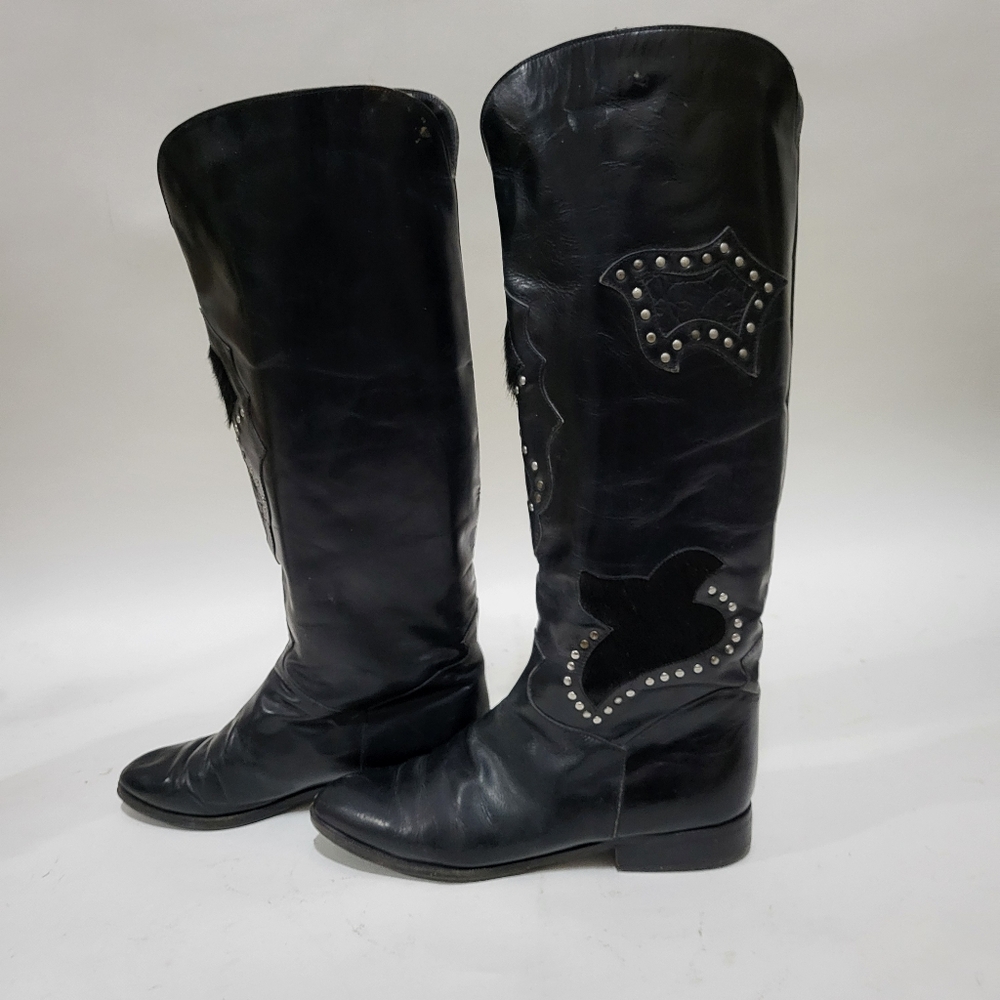 Charles David Black Leather Boots Women 9 1/2 Flat Heel - Picture 4 of 7